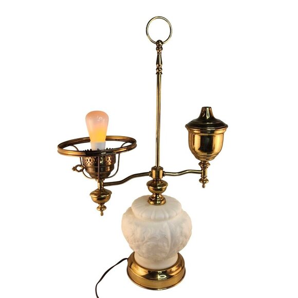19th Century Brass & Milk Glass Electrified and Oil Student Desk Lamp With Ornat - Picture 1 of 16